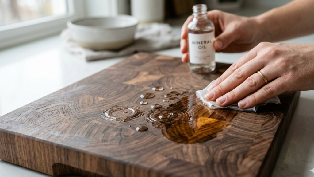 5 step infographic how to oil a wooden cutting board: clean, apply oil, soak, wipe, finished