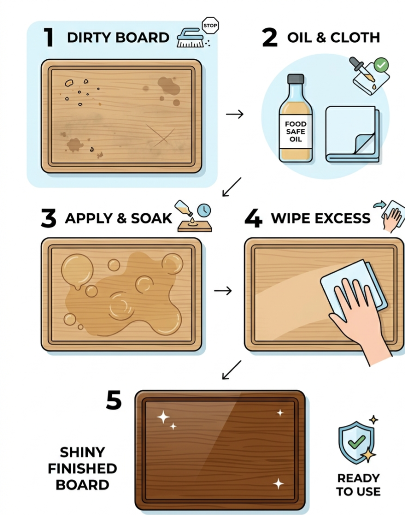 5 step infographic showing how to oil a wooden cutting board: clean, apply oil, soak, wipe, finished