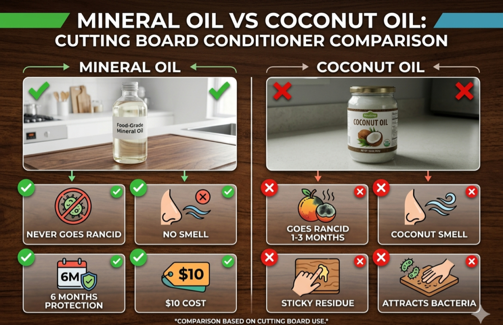 Mineral oil vs coconut oil cutting board conditioner comparison infographic showing mineral oil never goes rancid with 6 months protection vs coconut oil goes rancid with sticky residue