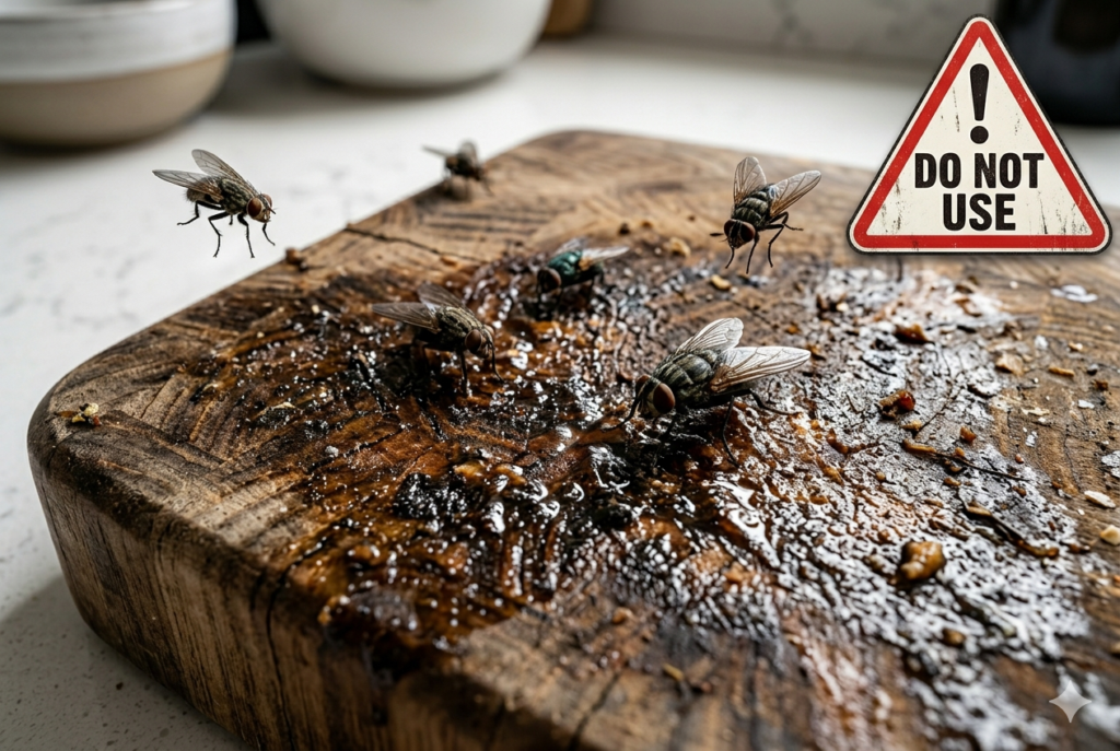 rancid-coconut-oil-on-wooden-cutting-board-warning-flies