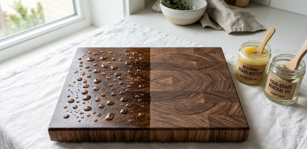 Split cutting board showing water beading on beeswax treated side vs water absorption on mineral oil treated side with product jars