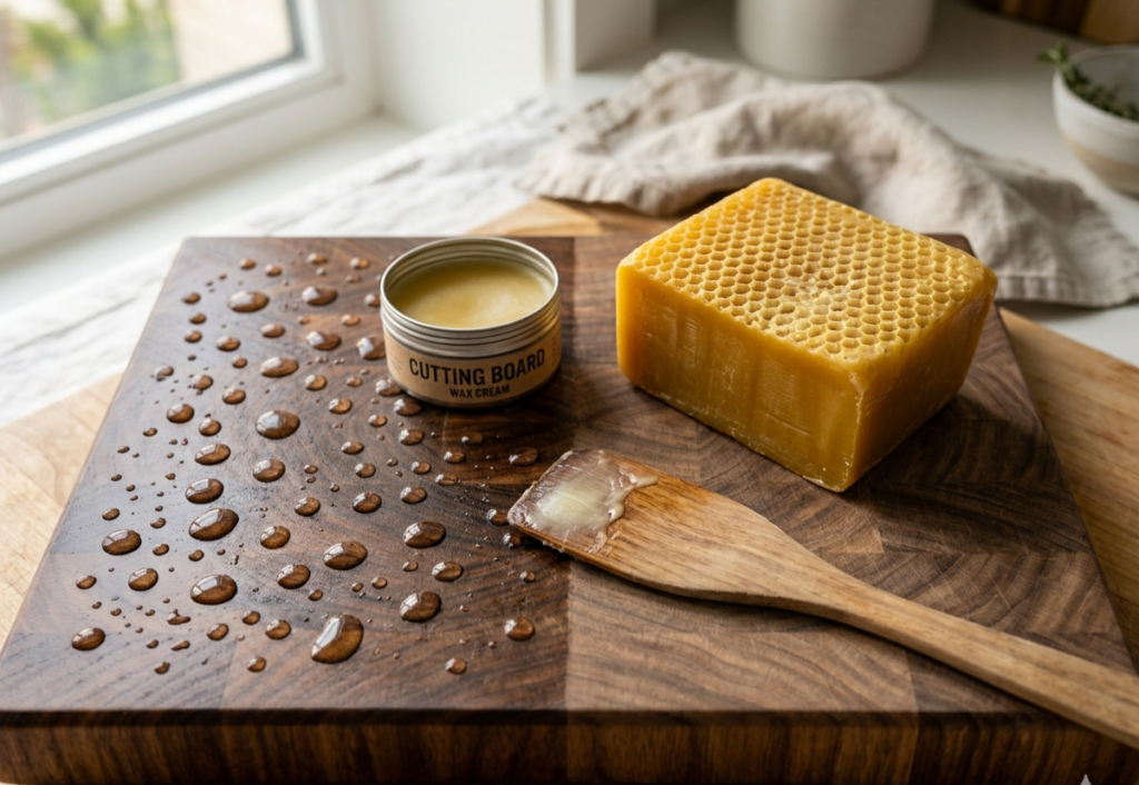 Natural beeswax block and cutting board wax cream on walnut end grain board showing water droplets beading