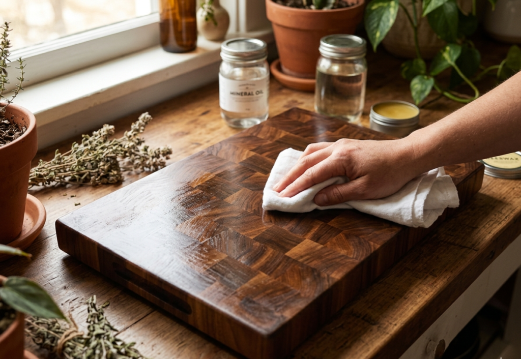 Hand applying mineral oil to end grain walnut cutting board with cloth, mineral oil and beeswax jars in background