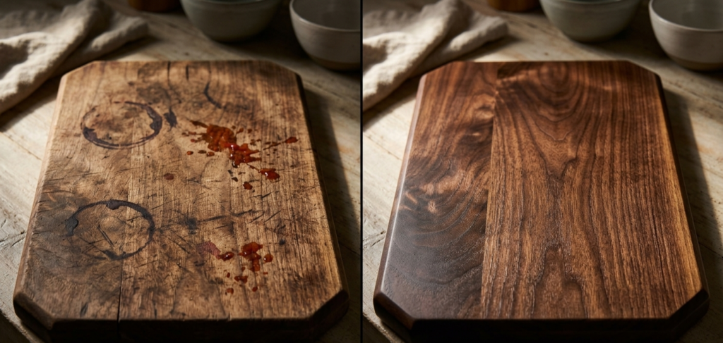 wooden cutting board before and after sanding and oiling restoration