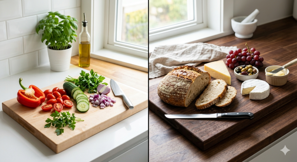 walnut vs maple cutting board in real kitchen - maple for chopping vegetables and walnut for serving cheese and bread