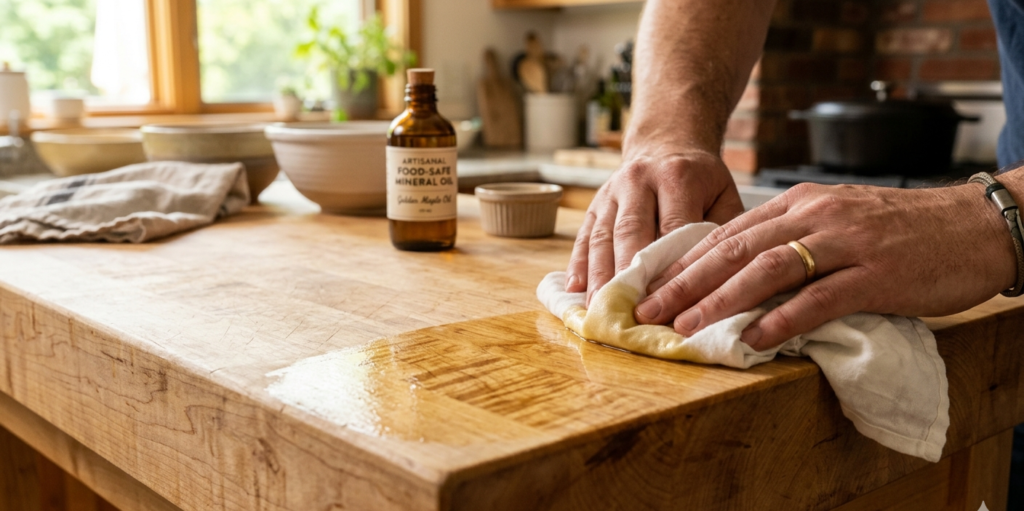 butcher block countertop care oiling maple island with mineral oil