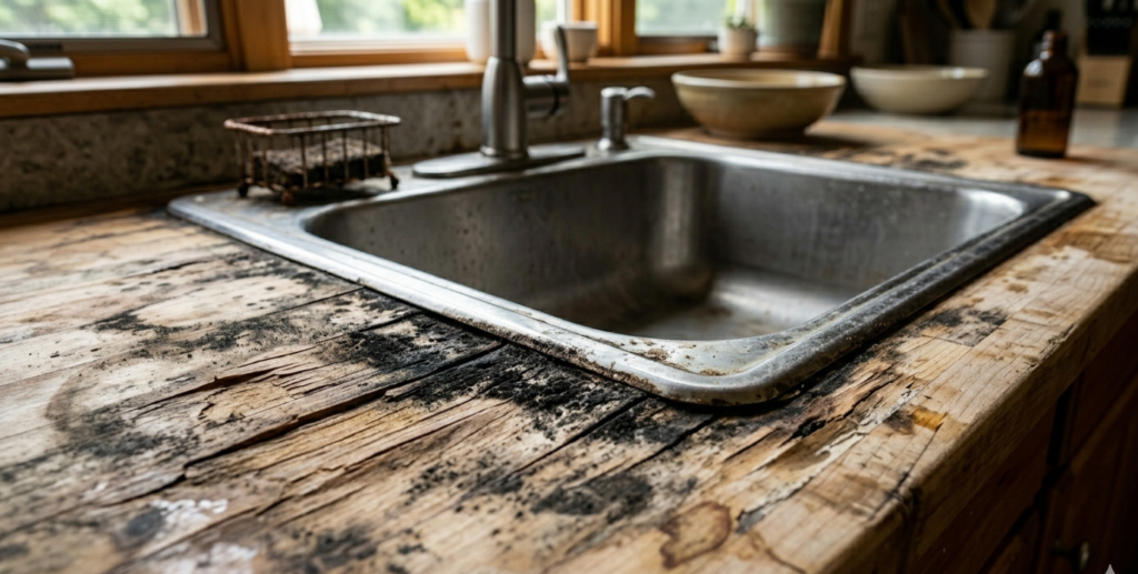 water damage black stains and mold on butcher block countertop around sink