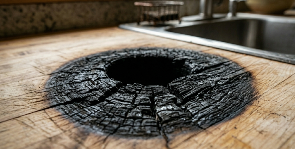 severe black burn mark from hot pan on butcher block countertop