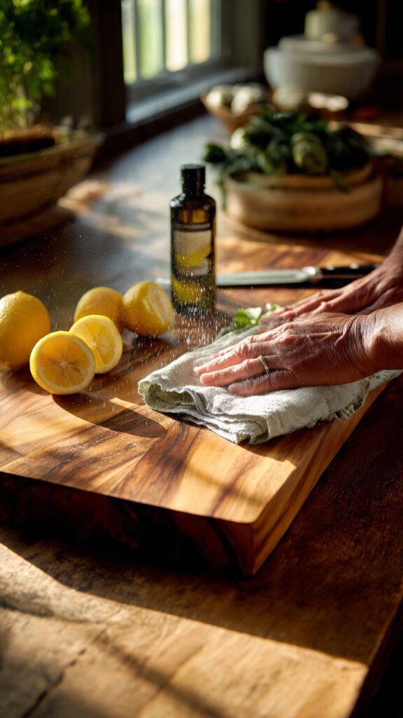 how to clean and oil wooden cutting board with lemon salt mineral oil food safe maintenance