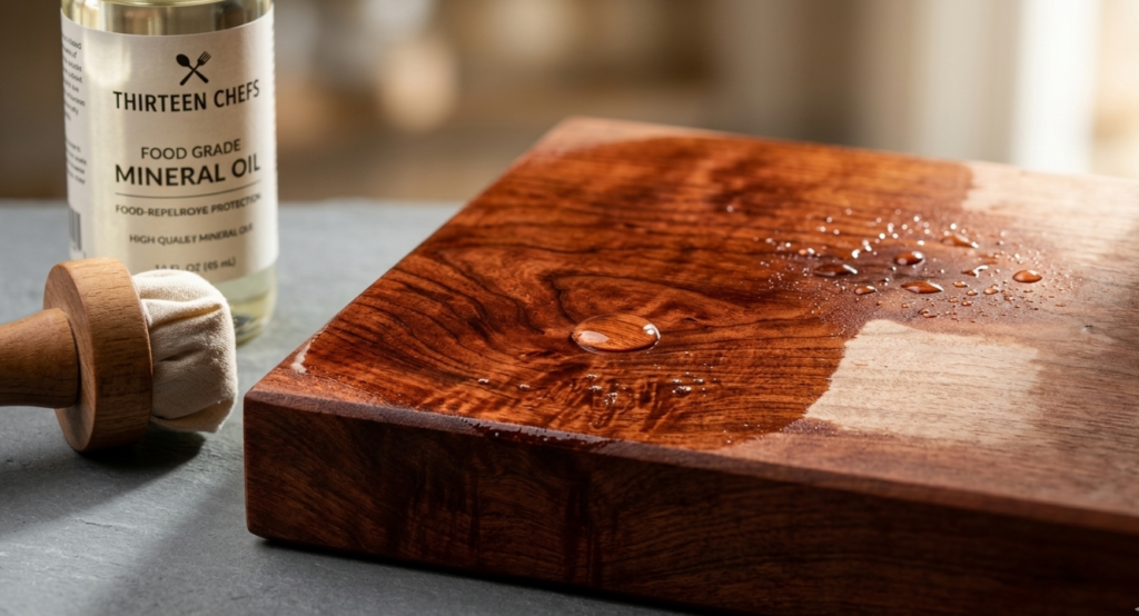 Professional close-up of cherry wood texture being saturated with food-grade mineral oil for crack prevention.
