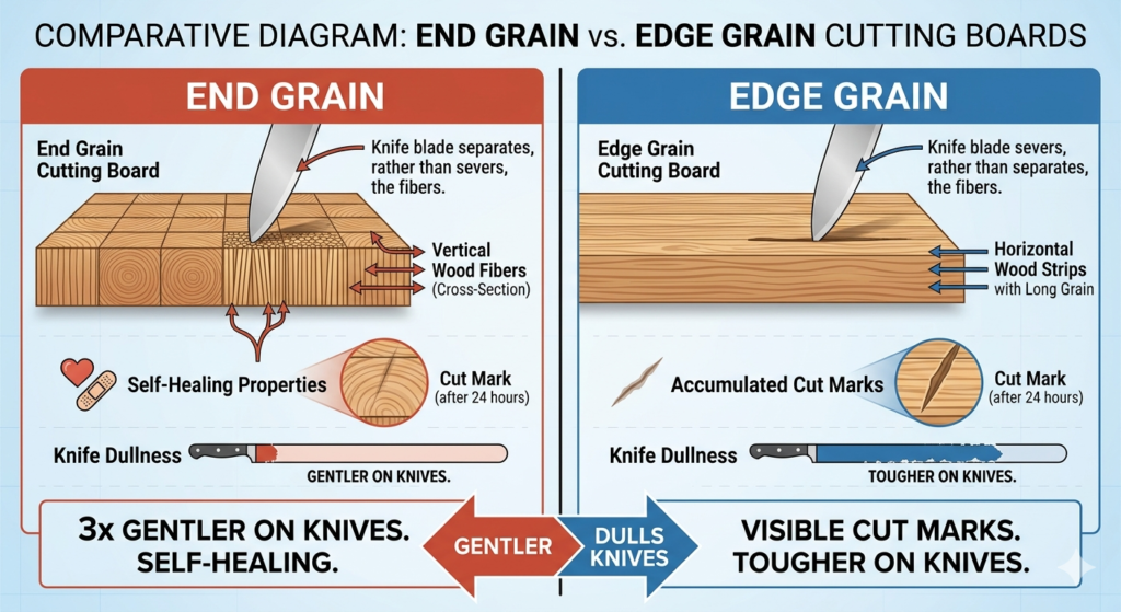Comparative diagram of end grain vs edge grain wooden cutting boards showing self-healing properties, knife dullness, vertical wood fibers, and cut marks after 24 hours