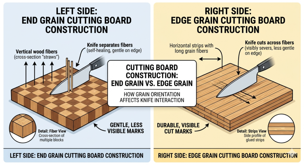 End grain vs edge grain wooden cutting boards construction diagram showing knife interaction, fiber orientation, and cut marks difference