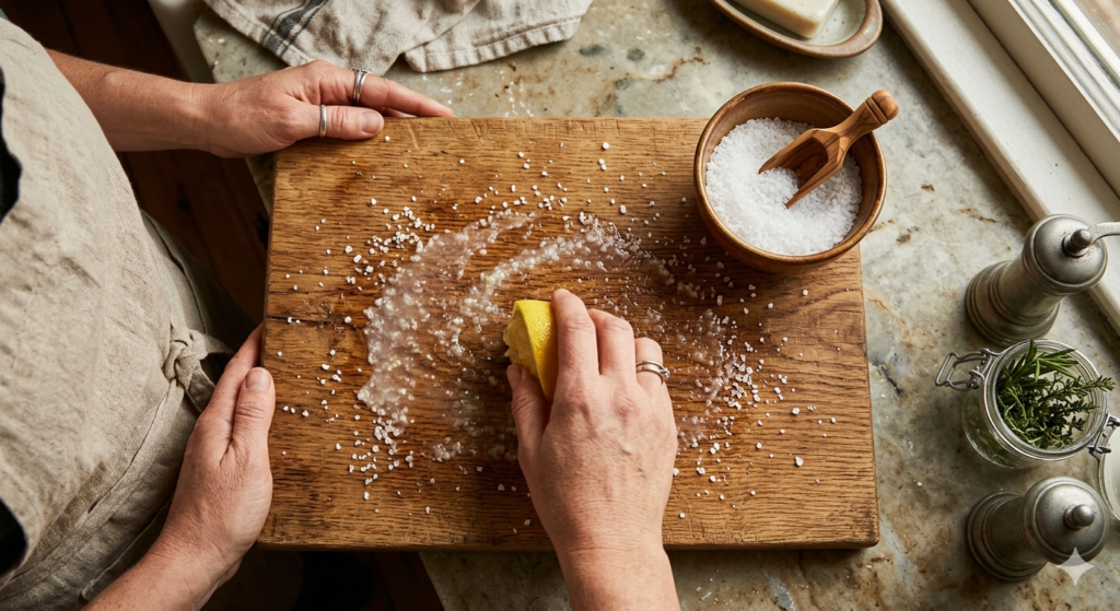How to clean and deodorize wooden cutting board naturally using lemon and coarse salt to remove onion smell and bacteria