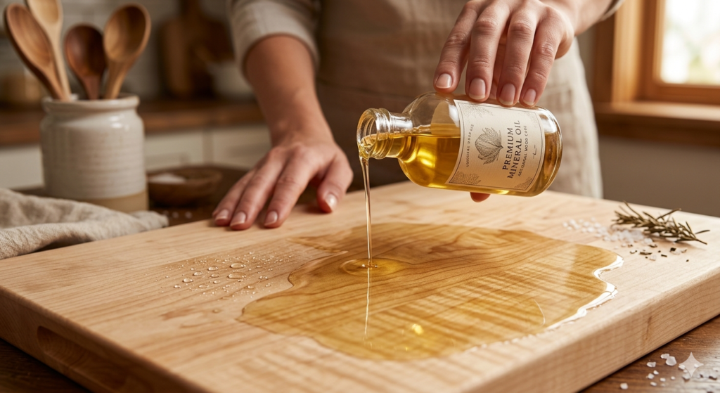 How to oil a wooden cutting board with premium food grade mineral oil for monthly maintenance and water protection