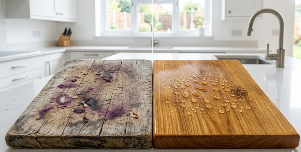 Applying mineral oil to wooden cutting board to prevent onion smell and seal wood pores from odor absorption