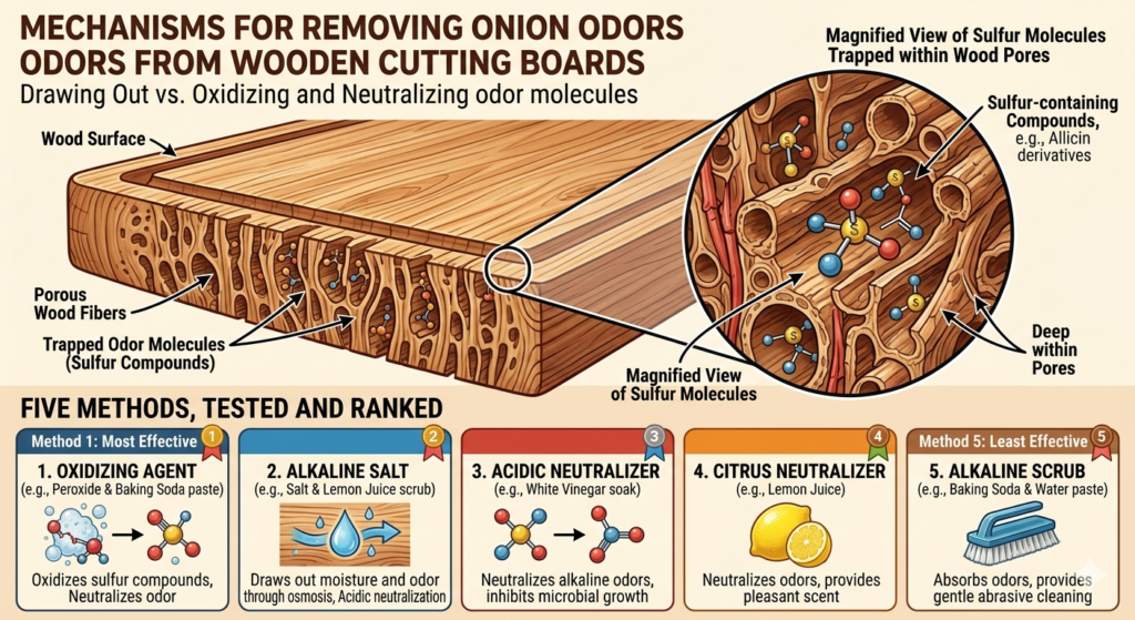 Scientific diagram showing how onion sulfur molecules get trapped 2-3mm deep in wooden cutting board pores, and 5 ranked methods to remove onion odor: hydrogen peroxide oxidizing agent, salt lemon alkaline scrub, white vinegar acidic neutralizer, lemon juice citrus neutralizer, baking soda alkaline scrub